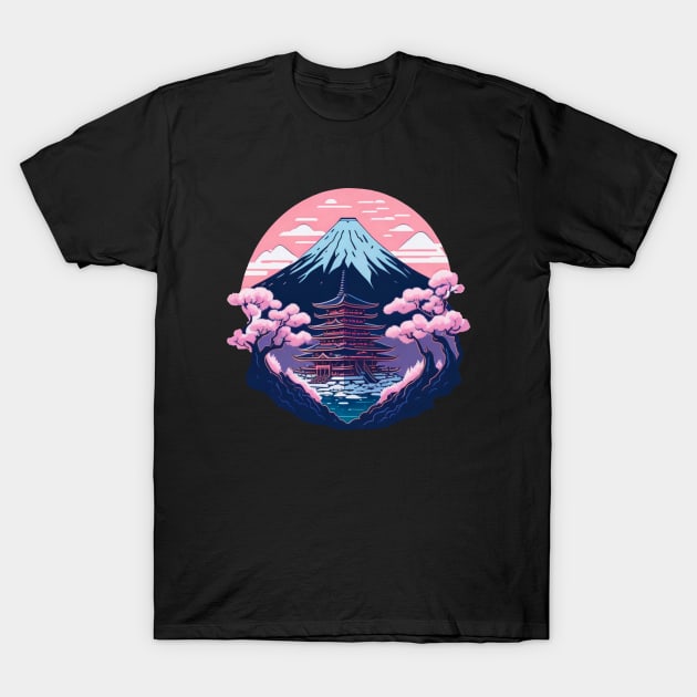 Symmetrical Japanese Pagoda, Mountain and Flowers T-Shirt by Lady Lilac